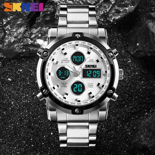 SKMEI 1389 MultiFunctional Business Analog/Digital Large Dial Stainless Steel Watch - Silver - Image 2