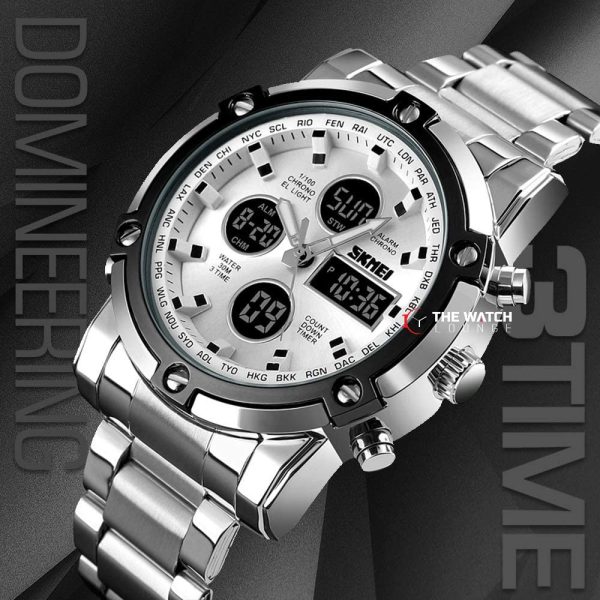 SKMEI 1389 MultiFunctional Business Analog/Digital Large Dial Stainless Steel Watch - Silver - Image 3