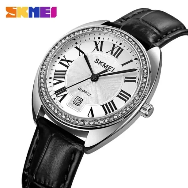 SKMEI 2183 Simple Elegant Roman Numerals Date Display Leather Watch For Women - Silver/Black