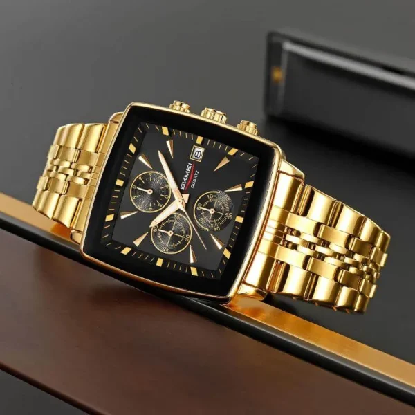 SKMEI 2434 Business Classic Stainless Steel Square Case Chronograph Date Dispaly Watch For Men - Black/Golden - Image 2